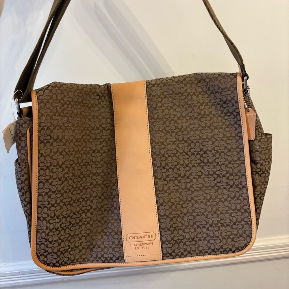 Coach Khaki Signature Monogram Messenger Bag with Tan Trim